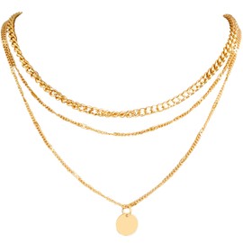 Gold Necklace Layered Necklaces Stack Set for Women Cuban Link, Snake Chain, Round Pendant Trendy Jewellery Gift Adjustable