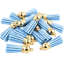 Mandala Crafts 100 Pcs Gold Cap Light Blue Faux Suede Tassels Bulk Keychain Making Supplies - Small Leather Tassels for Charms, Jewelry Making, and DIY Crafts