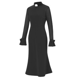 Mambabacosp Black Trumpet Long Sleeve Mesh Church Dress Clergy Tab Insert Collar Priestess Dress