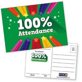 20 100% Attendance Award Praise Teachers Reward Postcards A6 Primary Teaching Services