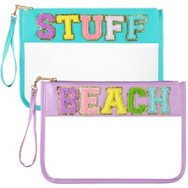 2 Bolsas con Cremallera Transparentes con Letras de Chenilla Bolsa de Cosméticos Monedero Bolsa con Letra de Maquillaje de Estadio Estuche de Parche de Viaje (Púrpura, Verde, Beach Stuff)