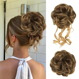 Vigorous Messy Bun Hair Piece for Women - 2PCS Synthetic Hair Pieces with Tousled Updo Hair Buns & Wavy Curly Texture Scrunchies Chignon Ponytail  - Easy to Wear & Versatile for Daily Use:_4AH26# Brown Highlighted Caramel Blonde