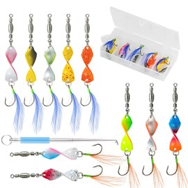 Suuwwn Twist Trout Spoon Set, 10 Pieces Trout Bait with Rolling Swivels, UV-Active 3 g, Trout Bait with Feather Sequins, Single Hook, Blinker in Box with Fishing Hook Remover