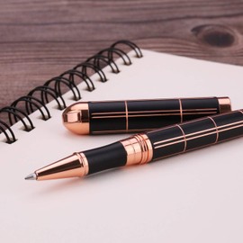 SHALORY 2PCS Rollerball & Ballpoint Pen Set Rolling Ball Pens Liquid Ink Wirting Pen with Extra 2 Refills, Fine Point, 0.7mm, Black Ink