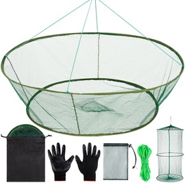Aodaer 6 Pieces Foldable Drop Net 39.4 Inches Fishing Net Trap with Fish Keeping Net Bait Bag Rope Gloves Hand Casting Cage Crab Net Fishing Mesh Trap for Minnows, Crab, Lobsters, Fishes