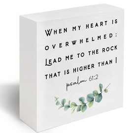 Christian Decor Wood Sign Desk Decor Rustic Motivational Bible Verse Psalm 61 2 Wooden Sign for Home Office Living Room Church Kitchen Bedroom bathroom Table Shelf Religious Gifts -B09