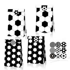 Qpout Soccer Goodie Bags 12 Pack, Soccer Treat Bags With Sealing Stickers, Soccer Gift Bags For Team, Soccer Snack Bags For Kids Party, Soccer Party Favor Bags For Boys Birthday, Withe and Black
