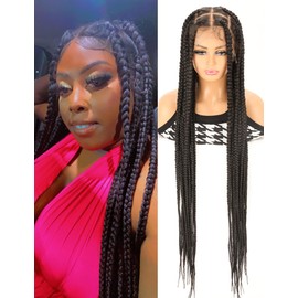 AVELLABEE 36" Boho Braided Wig for Black Women - Full Lace Box Braids, Faux Locs & Dreadlocs Lace Front Wigs, Synthetic Braiding Hair Wig (Big Box Braids)