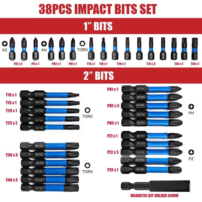 38pcs Impact Driver Bit Set, Magnetic S2 Screwdriver Bit Set,