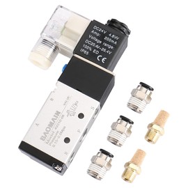 Baomain Solenoid Valve 4V210-08 DC24V 2 Position 5 Way PT1/4" Internally Piloted Acting Single Type Pneumatic Air Electrical Control with 3 Fitting & 2 Mufflers
