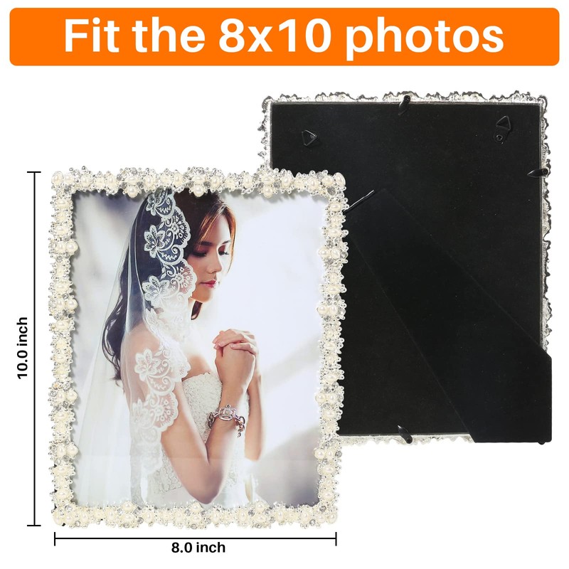 8x10 Picture Frame with Pearl for Wedding, Silver Plated Photo
