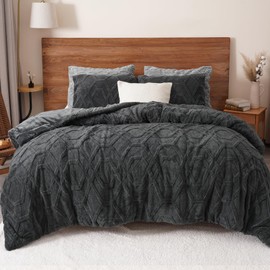PHF Warm Sherpa Fleece Queen Comforter Set, 3D Tufted Fluffy Dark Grey Bedding for Winter, Soft 3 Pieces Shaggy Bed Set, 1 Comforter (90"x90") and 2 Pillowcases (20"x26")