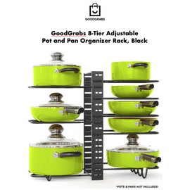 GOODGRABS 8-Tier Adjustable Pot and Pan Organizer Rack, Black, Heavy-Duty Kitchen Storage Solution for Pots, Pans, and Lids, Freestanding or Wall-Mount Use