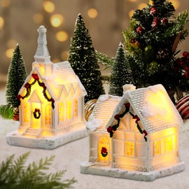 UOY Christmas Village Illuminated White, Pack of 2 Christmas Village with Lighting, Christmas Village with Lighting, Christmas House Miniature Christmas Village Christmas Decoration