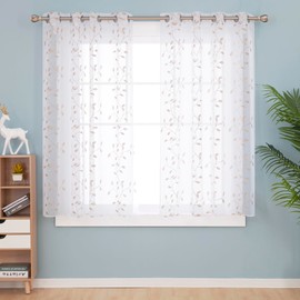 Deconovo Eyelet Faux Linen Net Curtains Embroidery Leaves Voile Curtains Super Soft Semi Sheer Curtains 55 x 54 Drop Inch Linen 1 Pair