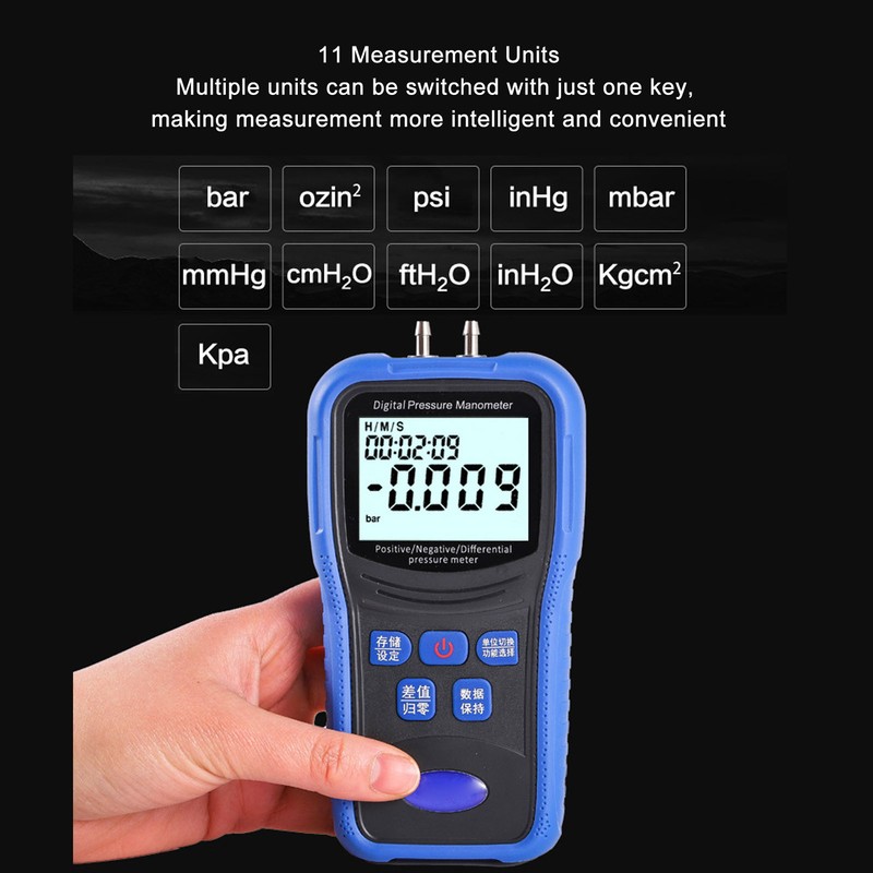 Digital Manometer High Accuracy 11 Units LCD Backlit Air Differential