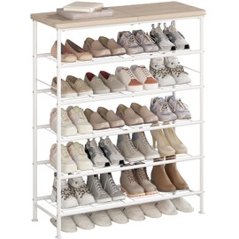 SUOERNUO Shoe Rack Organizer 6 Tier for Closet Entryway Free Standing Metal Storage Shoe Shelf with MDF Top Board，White+Oak