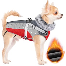 SlowTon Dog Jacket with Harness Built in, Waterproof Fleece Winter Warm Dog Coats for Small Medium Dogs, Reflective Adjustable Furry Puppy Vest Clothes for Outdoor Walking (Red,Size X-Small)