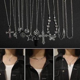GuoShuang 19pcs Silver y2k necklace for women goth fairy grunge necklace alt cute y2k choker cross bufferfly heart angle jewelry set rings indie fairy grunge accessories