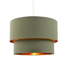Modern and Trendy Olive Sage Green Cotton Fabric Double Tier Design Ceiling Pendant Lamp Shade with Shiny Copper Inner | 20cm x 30cm by Happy Homewares