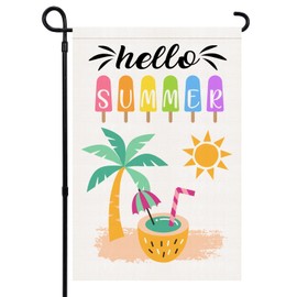 Hello Summer Garden Flag 12×18 Inch Double Sided Ice Cream Sun Coco Burlap Vertical Yard Outdoor Seasonal Decoration