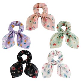 Jewemia 5Pcs Hair Scrunchies for Women Bow Hair Ties Bunny Ear Scrunchies Bulk Bowknot Ponytail holder for Thick Hair Cute Hair Accessories for Women and Girls (Flower-2)