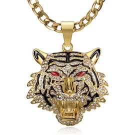 CJiePeiC CZ Fully Roaring Tiger Head With Green Red Eyes Pendant Punk Rock Stainless Steel Necklace, 24 Inch 7mm Chain For Men Hip Hop Animal Jewelry-I'm the King