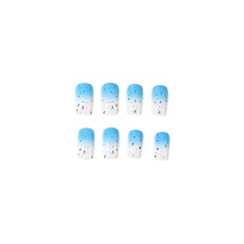 SINHOT Square Press on Nails Medium - Blue White Ombre Fake Nails Glossy Glue on Nails Black Point Acrylic Nails Squoval Artificial Nails Stick on False Nails with Design 24pcs