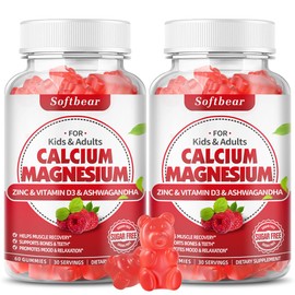 softbear Calcium Magnesium Zinc Gummies for Adult & Kids, Suagr-Free Calcium Magnesium Zinc D3 Supplement for Bone Strength & Immune Health, Raspberry Flavor 120 Count