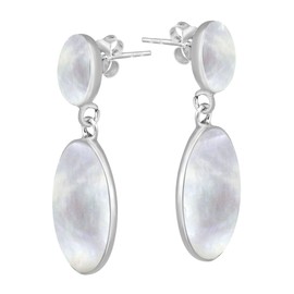 Classy Double Oval White Mother of Pearl Inlay .925 Sterling Silver Post Drop Dangle Earrings