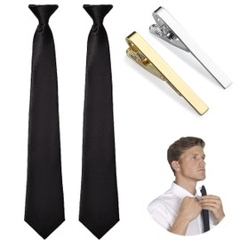 DEYACE Clip on Ties for Men, 2 pcs Pre Tied Neckties and Tie Clips Set, Black Red Solid Color Mens Tie for Wedding Graduation Office School(BLACK+BLACK)