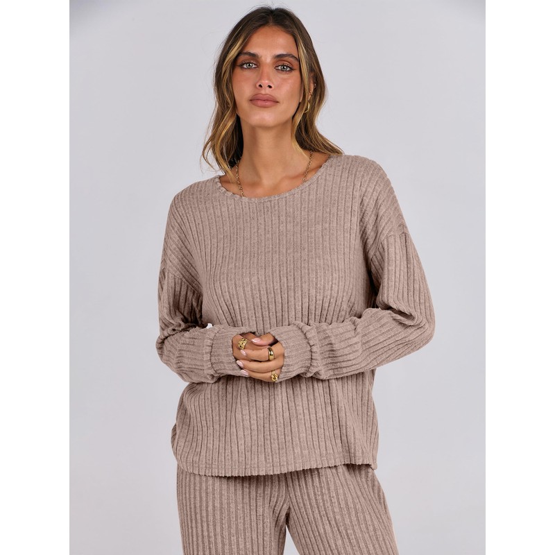 ANRABESS Women 2 Piece Lounge Pajamas Sets Casual Ribbed Knit