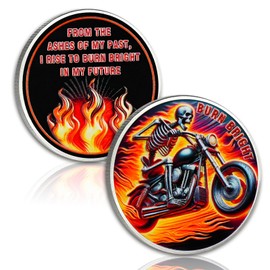 Skeleton Rider Sobriety Coin, Burn Bright NA AA Medallion - Inspirational Recovery Anniversary Token, Non-Religious Sobriety Gifts for Men Women, Addiction Recovery Affirmation Coin