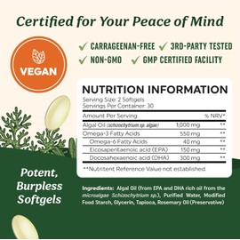 Vegan Omega 3 Algae Oil | Plant Based DHA EPA | Sustainably Sourced, No Carrageenan, Non GMO | Heart, Brain, and Eye Health | Fish Oil Alternative | Algae Omega 3 Supplement | 60 Softgel Capsules
