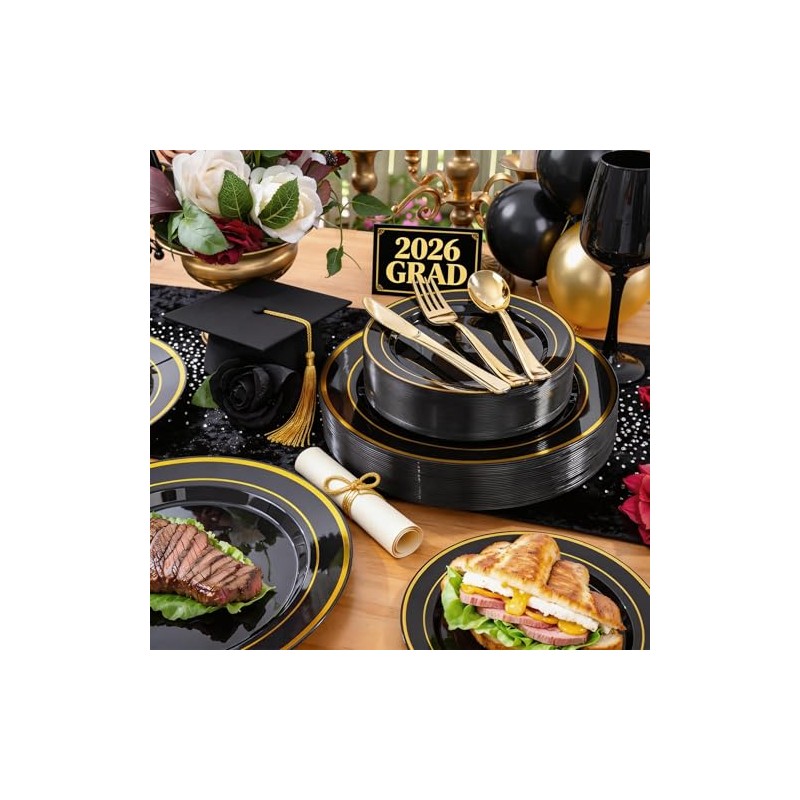 WELLIFE 210PCS Black and Gold Plastic Plates - Plastic Dinnerware