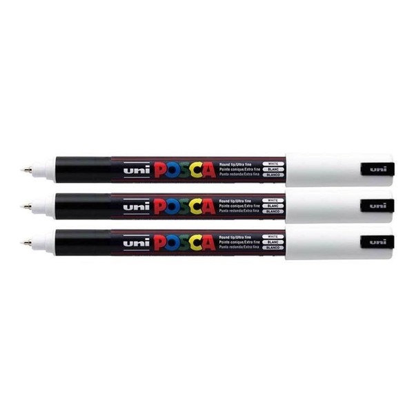 Uni Posca PC-1MR White Colour Paint Marker Pens Ultra Fine 0.7mm Calibre Tip Nib Writes On Any Surface Glass Metal Wood Plastic Fabric (Pack of 3)