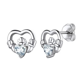 Suplight Birthstone Irish Claddagh Earrings for Women, S925 Sterling Silver Stud Earrings, 4 mm Wide Heart-Shaped Zircon, Gift for Girls, Women, Girlfriend, Sterling Silver, Cubic Zirconia