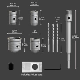 CATITO 11 Piece Set of Concrete Hole Saw (30mm 40mm 50mm 65mm),Concrete Hole Saw Kit for Concrete with SDS Plus Shank Connecting Rod and 5pcs dust Bag, Cement|Brick Stone|Wall.