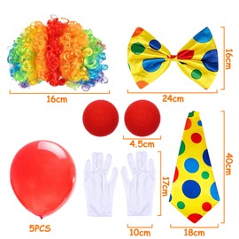 XINRANFF Clown Costume Set, 12 Pieces Clown Costume Accessory, Clown Curl Wig, Tie, Clown Nose and Gloves, Clown Bow, Carnival Costume for Children, Adults, Women