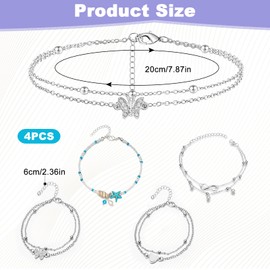 QMLING Silver Ankle Bracelets for Women: 4PCS Adjustable Women's Anklets Set, Butterfly Heart Starfish Beaded Ankle Chains, Foot Jewelry for Gifts Summer Beach Vacation