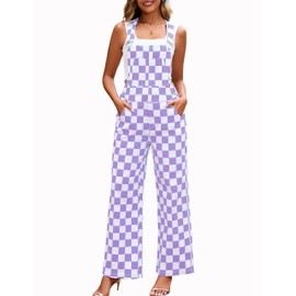 YXLUOKY Overalls for Women Loose Fit Jumpsuits Fashion Checkered Straight Leg Pants Stretch Bib Coveralls(Purple Checkered,L)