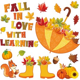 JarThenaAMCS 42Pcs Fall in Love with Learning Bulletin Board Kit Autumn Maple Leaves Pumpkin Decorative Border Cutout September Fall Theme Classroom Decorations for Thanksgiving School Office Home