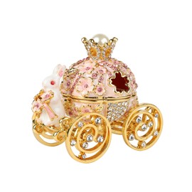 FASSLINO Bunny Pumpkin Carriage with Flowers Jewelry Trinket Box Hinged Hand-Painted Enamel Ornaments Gift for Home Decor (Pink)