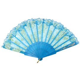 Newstarfactory Lace Flowers Design Plastic Folding Hand Held Fan (Blue)