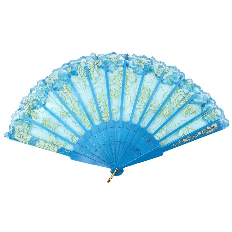Newstarfactory Lace Flowers Design Plastic Folding Hand Held Fan (Blue)