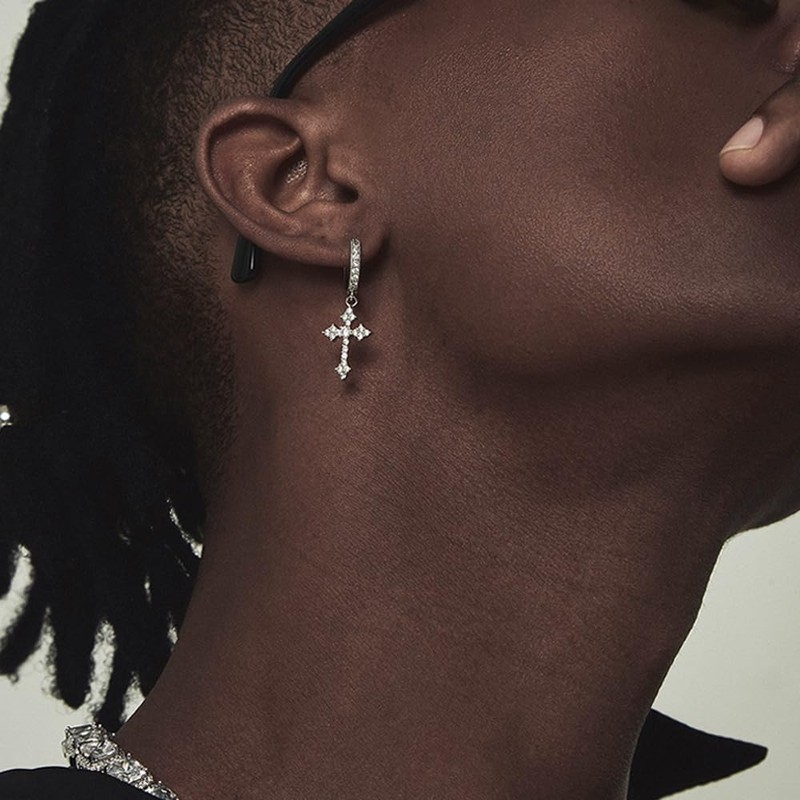 Generic Cross Earrings, Silver Dangle Hoop, Huggie, CZ Stones