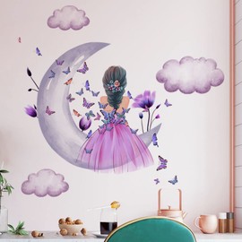 Butterfly Girl Wall Sticker, Moon Clouds Flowers Fairy Wall Sticker, Pink Flowers Wall Picture, Colourful Butterflies, Wall Decoration, Baby Nursery, Bedroom, Playroom
