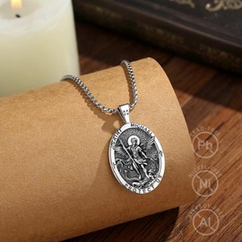 Vito Silver Plated Copper Saint Michael Pendant Necklace for Men Women, Vintage Oxidized Archangels Michael Medal Necklace Religious Protection Jewelry Gift for Christmas Birthday, 22"+2"