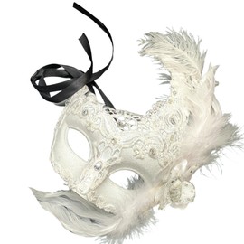 MasqStudio Brocade Lace Masquerade Ball Mask Burlesque Mardi Gras Birthday Prom Wedding Party (White),6.5X8