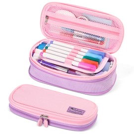 rockpapa Expandable Cute Pencil Case for Girls, Aesthetic Pencil Case with Compartments, Pencil Pouch with Zipper for Kids, Pencil Box Bag Holder Organizer for School Pink Purple